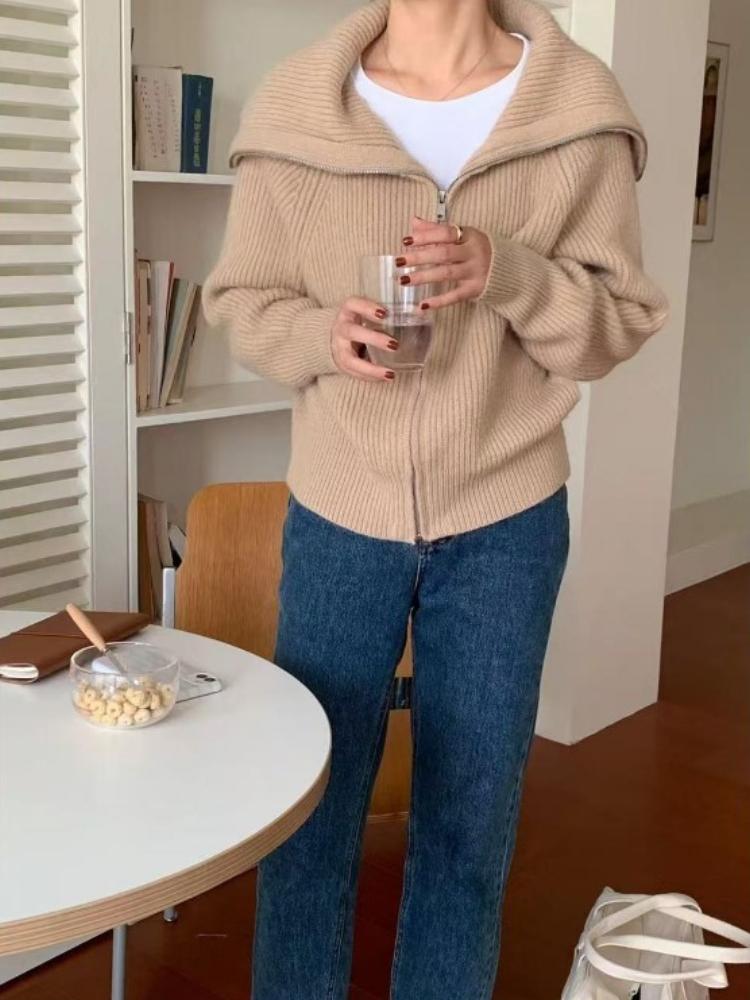 

Шикарный дизайн в корейском стиле, лацканы, свободные топы, застежка-молния, универсальный трикотажный свитер-кардиган с длинными рукавами, осень-зима, повседневная одежда Харадзюку XL хаки