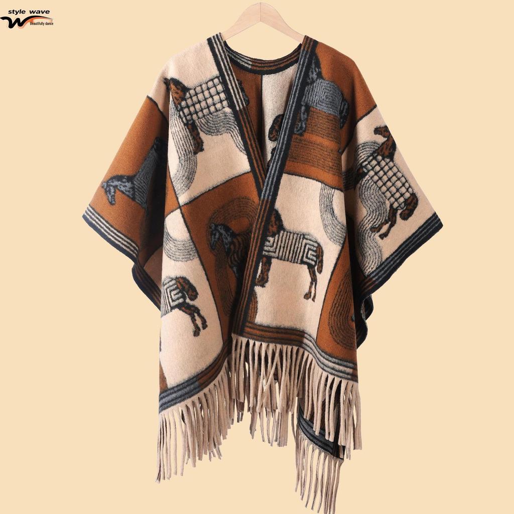 Women's Thick Jacquard Tassel Shawl - Versatile Solid Color Cape for Autumn/Winter