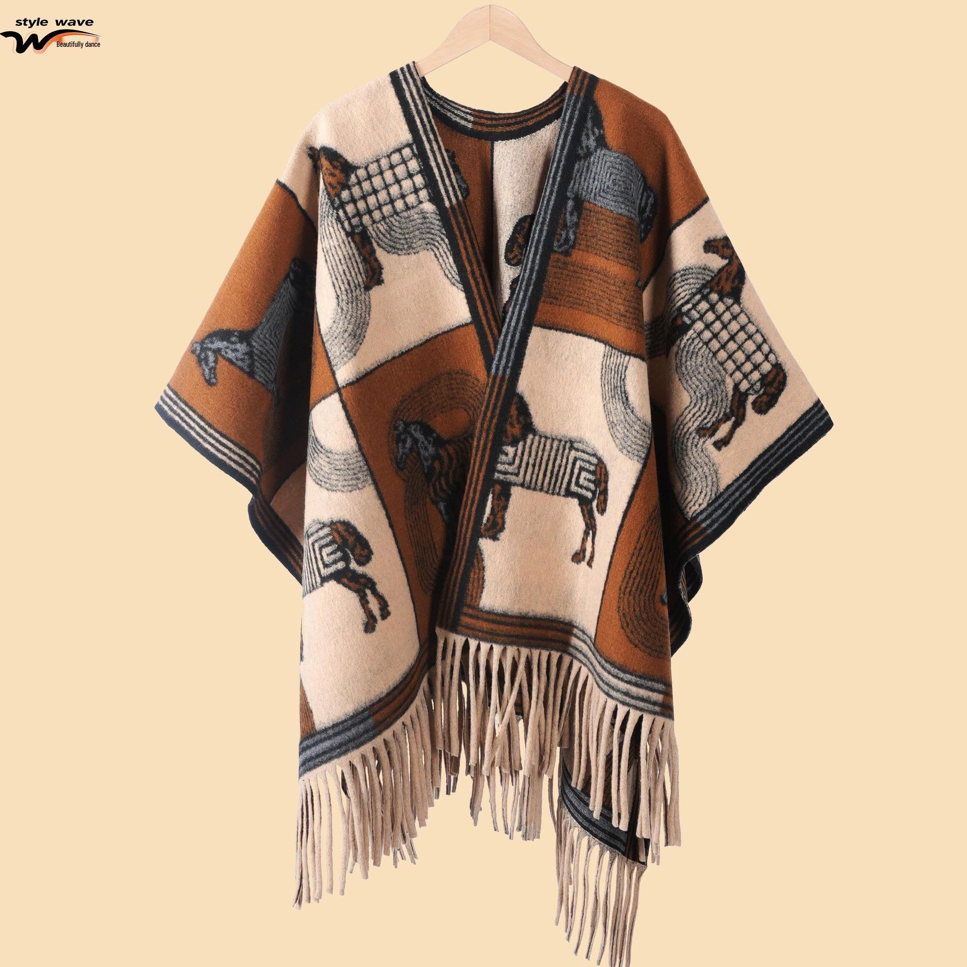 

Women s Thick Jacquard Tassel Shawl - Versatile Solid Color Cape for Autumn/Winter 130*150