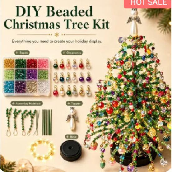 Mini Tabletop DIY Beaded Christmas Tree Craft Kit, Handmade Glass Bead Holiday Decor with Light String