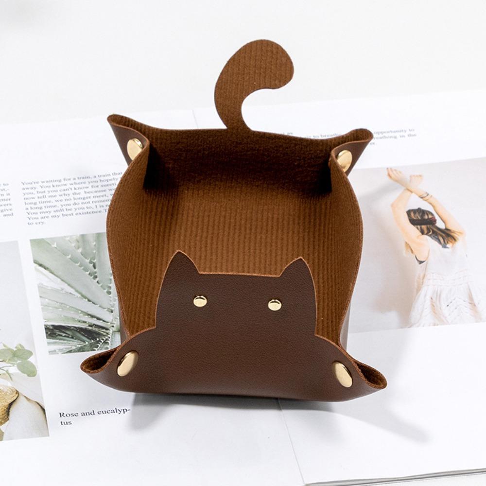 

PU Leather Hexagonal Dice Tray Folding Function Cute Cat Shape Key Storage Tray Game Accessories Dice Storage Tray