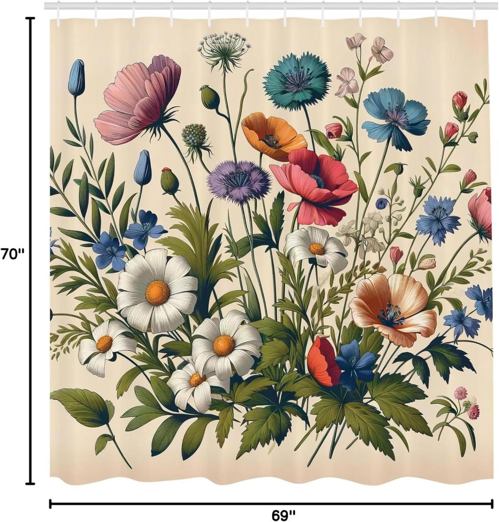 Rideau de douche Eucalyptus Fleuri, Prairie Colorée Fleurie Fleurs Sauvages Thème Botanique, Tissu Tissu Décoration de Salle de Bain