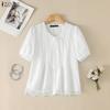 ZANZEA  Women Short Puff Sleeve V Neck Lace Trim Button Down Blouse
