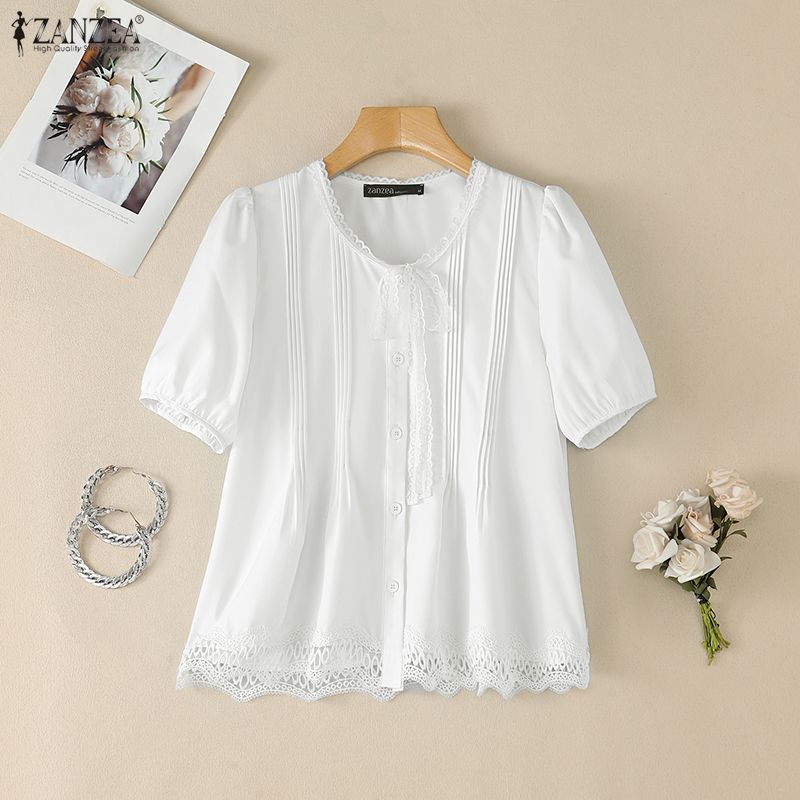 ZANZEA Women Short Puff Sleeve V Neck Lace Trim Button Down Blouse