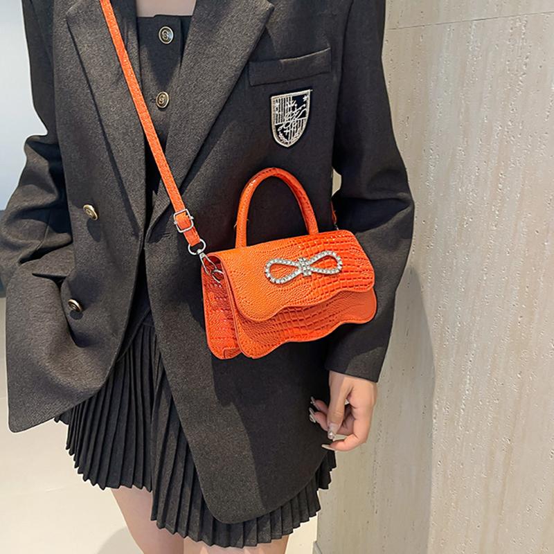 PU Leather Alligator Pattern Small Square Handbag Bow Design Women's Solid Color Fashion Shoulder Crossbody Bag AVE
