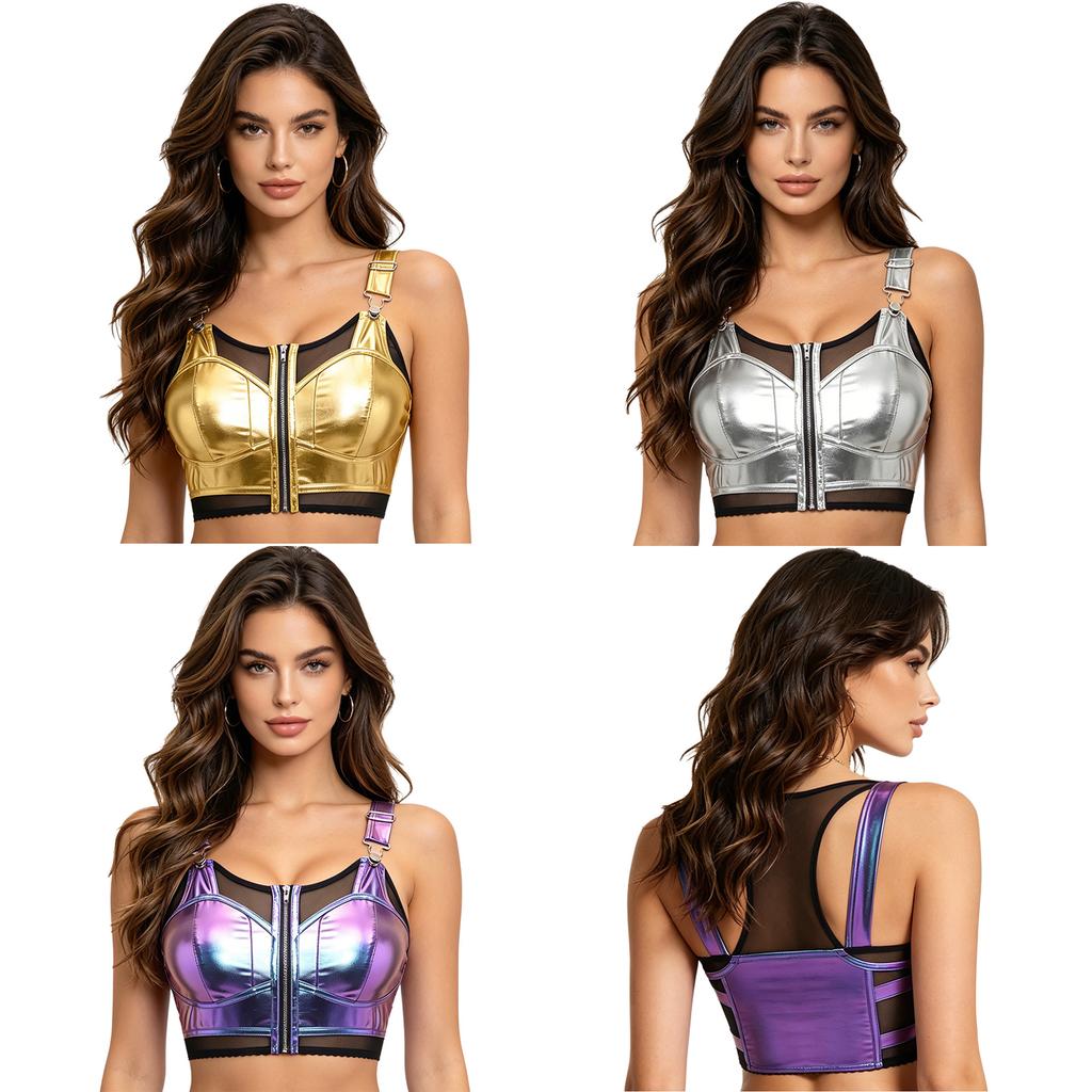 Dámský Crop Top Punkového Stylu Kovový Lesklý Průsvitná Síťovina Patchwork Nastavitelné Ramínka Přední Zip Výstřih Vesta