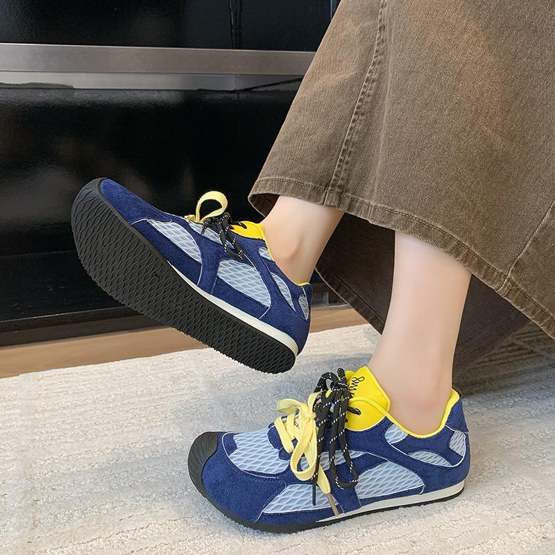 Fashion Women's Luxury Flat Sneakers, Patchwork Leather Shoes, Air Mesh, Running and Walking, Couples Wear, Fall 2025 Designer Retro