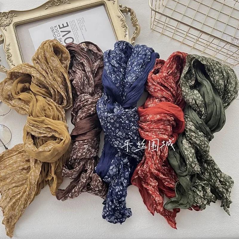 New Artistic Floral Retro Pleated Cotton Linen Scarf Thin Versatile Women's Scarves Paired Clothing Autumn Winter Fashion Trend