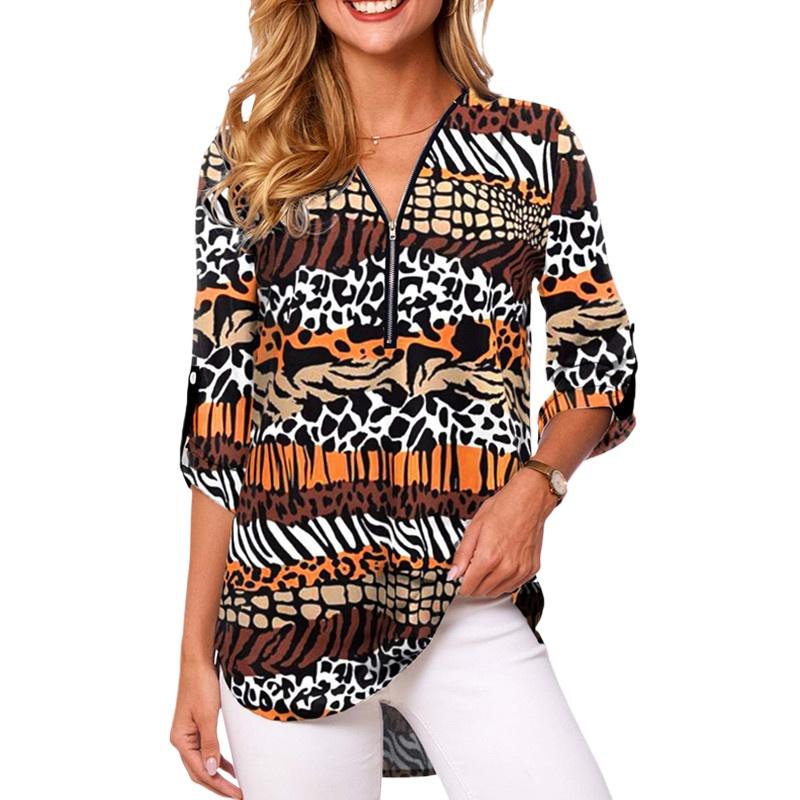 IHUASU V-neck Zip Plus Size Women's Long Sleeve Pull Up Sleeve Loose Shirt