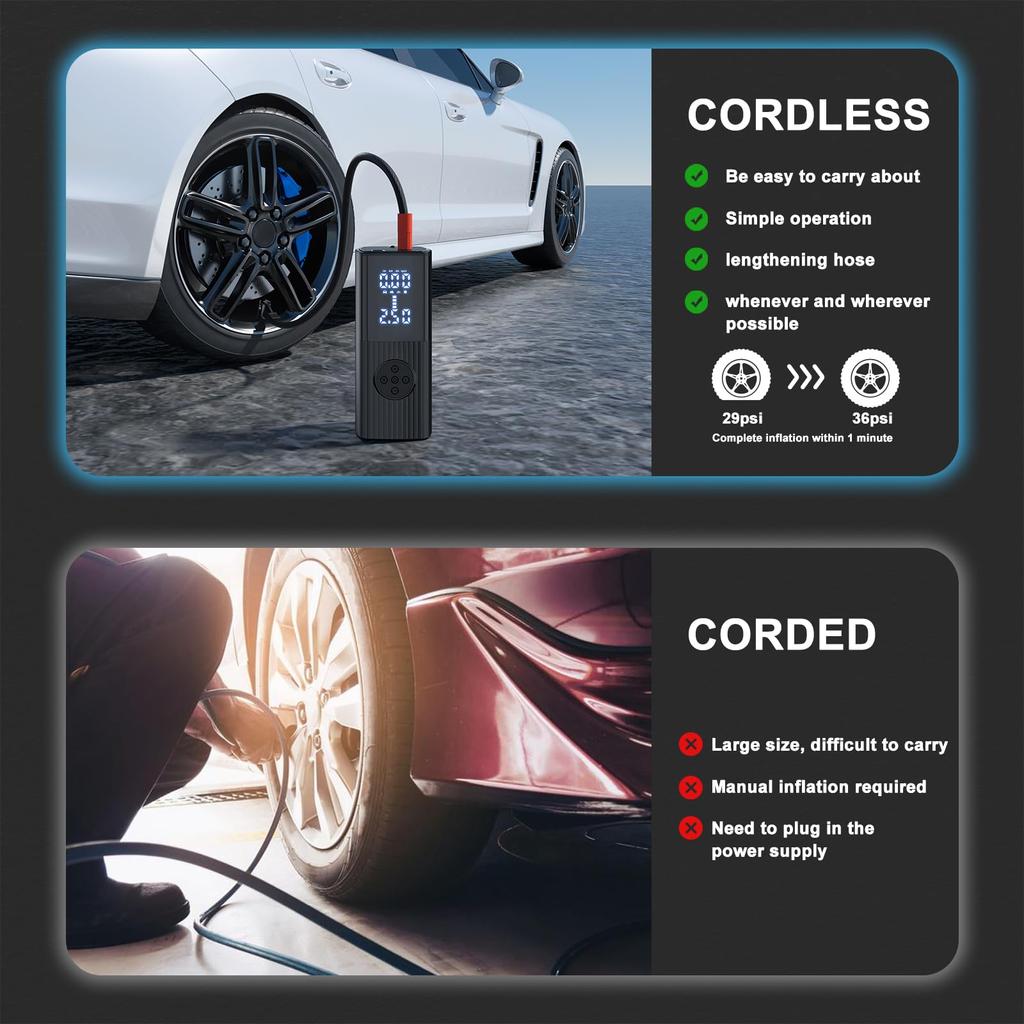 25000mAh Car Air Compressor Portable Tire Air Pump 150PSI LCD Digital Display Electric Airpump with Lamp for Balls Motorcycles