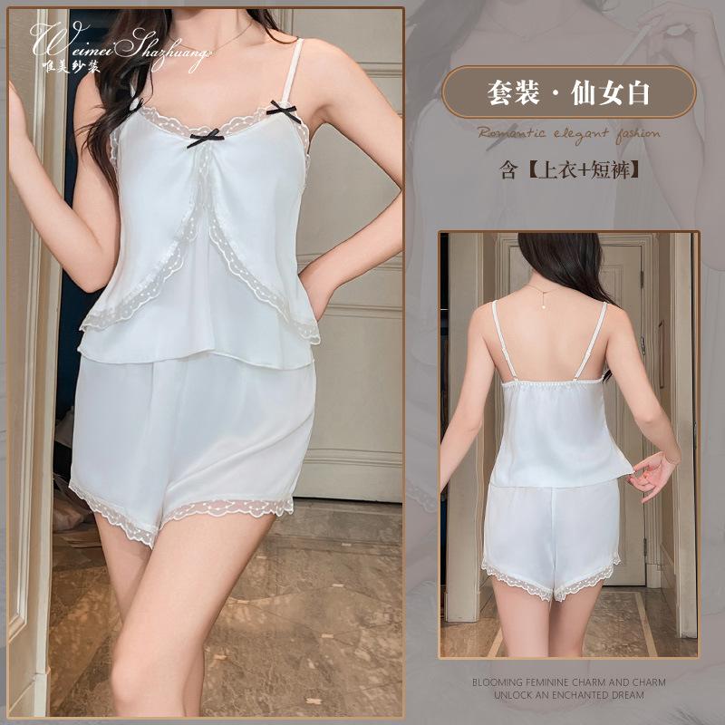 Beautiful yarn ice silk set deep V sexy lace suspender shorts two-piece set sweet suit set