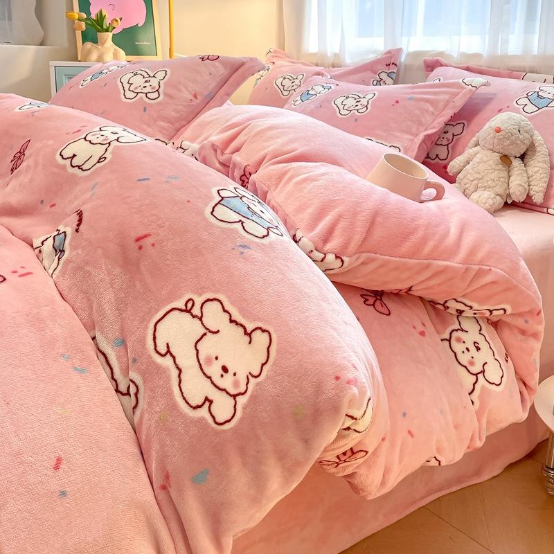 Thickened Milk Fleece Four-Piece Set, Coral Flannel Quilt Cover, Double-Sided Fleece Bed Sheet Quilt Cover, Bed Hat Three-Piece Set
