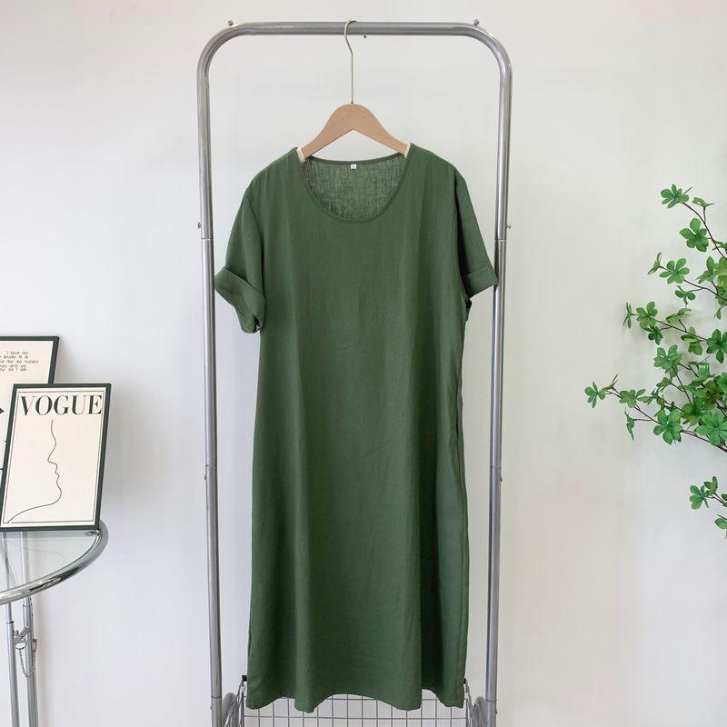 Cotton and Linen Dress Women's Inventory 2025 New Arrival Summer Linen Short Sleeve Mid Length Long Length Skirt Pure Color Temperament Dress