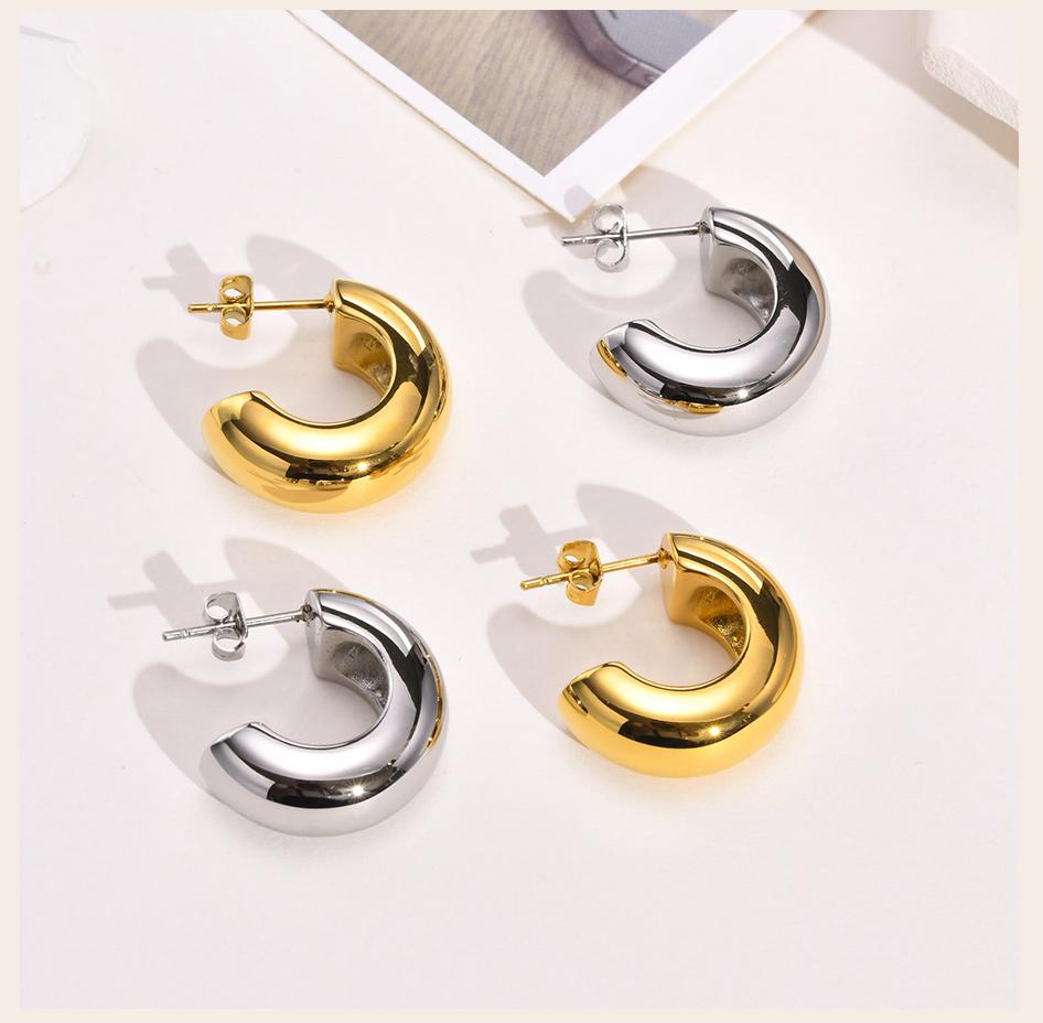 Thick Hoop Earring for Women, Chunky C-Shape Earrings Stainless Steel Open Hoops