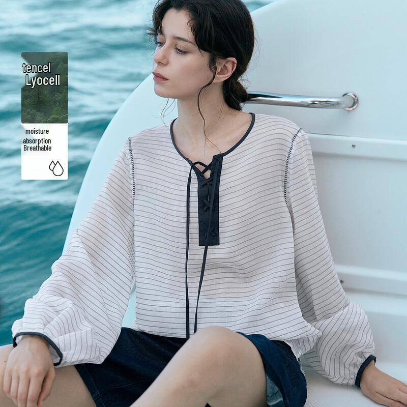 ELLE Women s Striped Lyocell Blend Loose Blouse S