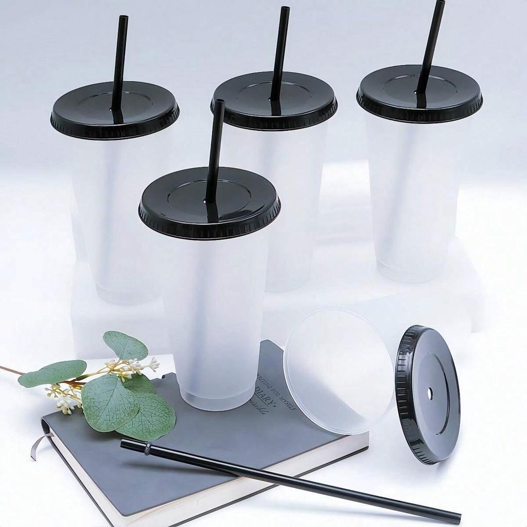 5 Stück 24oz Transparente Wiederverwendbare Becher mit Schwarzen Deckeln und Strohhalmen Eiskaffee Wasserflasche Kalte Smoothie-Becher Für Partys Getränk