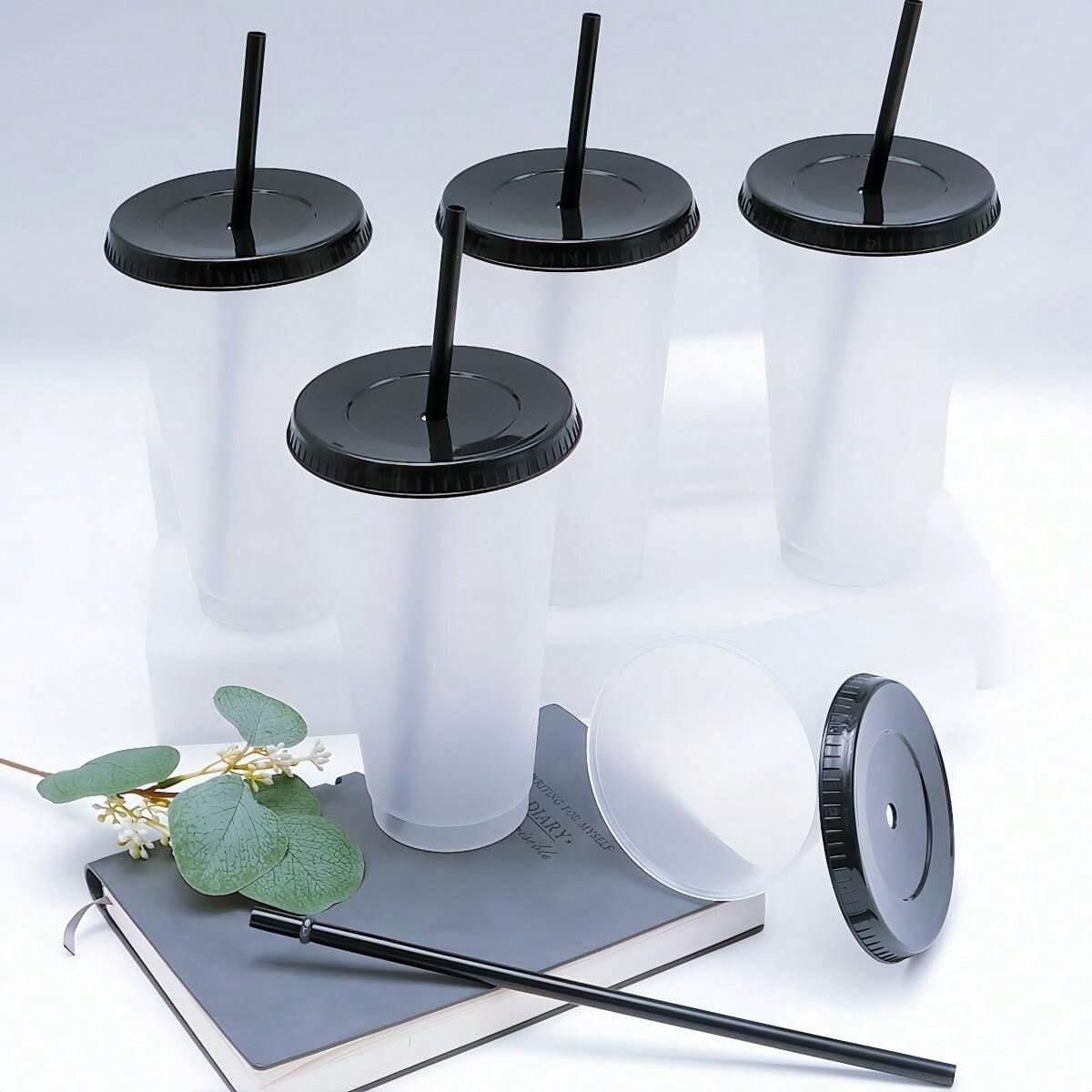 

5pcs 24oz Transparent Reusable Tumblers With Black Lids and Straws Iced Coffee Water Bottle Cold Smoothie Cups For Parties Drink 710ml