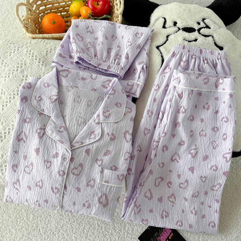 Fashion Style Leopard Print Love Cloud Cotton Pajamas Women'S Summer Short-Sleeved Loungewear Three-Piece Set