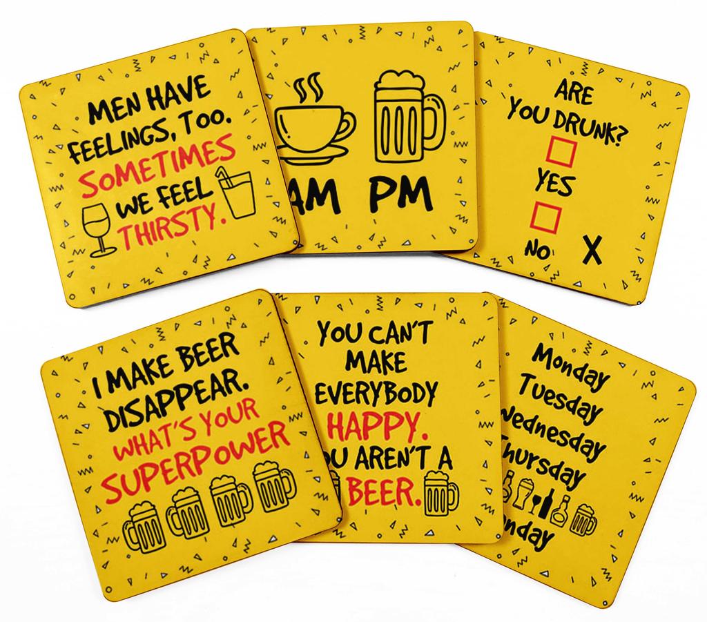 Inkdotpot Set of 6 Drink Coasters Easy Clean 4 Inch Square  Coasters  Cork Base-  Reusable- Funny Bachelor