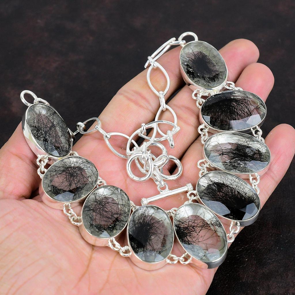 Faceted Black Rutile Gemstone Necklace 925 Sterling Silver Necklace Adjustable Chain Necklace Handmade Necklace Gifts for Her Silver Jewelry