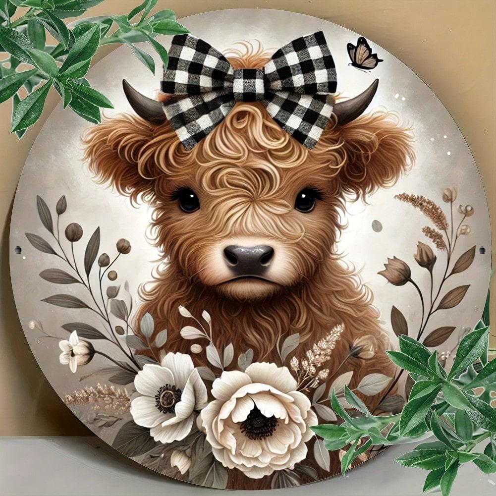 Pc Round Wooden Highland Cow Sign Floral Wreath Checkered Bow Tie Decor for HomeKitchenGardenOffice