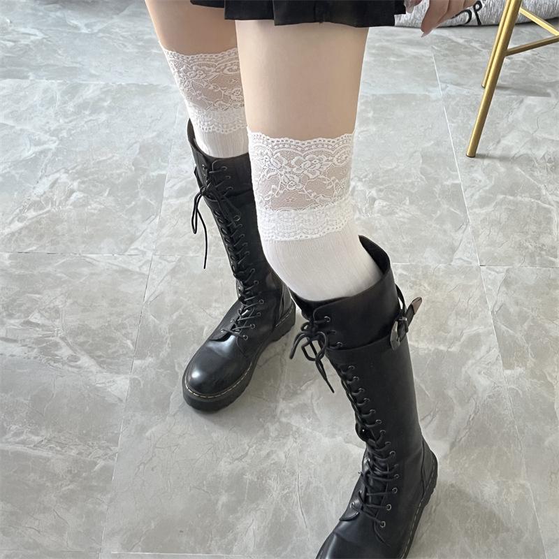 Stockings Woman Thick Knit Solid Color Lace Leg Warmers Thigh High Socks Autumn and Winter Sweet Long Black Socks for Women