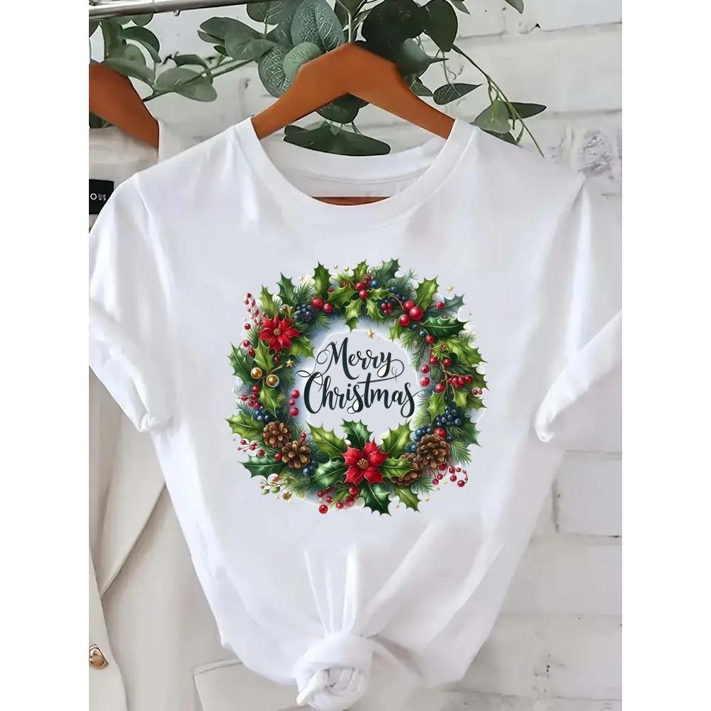 Printed Fashion New Year Women's T-shirt Top Merry Christmas Clothing Coffee Love Cute Holiday Pattern Round Neck Short Sleeve