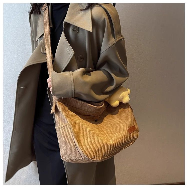 Corduroy Shoulder Bag Women Casual Crossbody Bag Half Moon Hobo Bag Soft Fabric Tote with Strap Cute Pendant