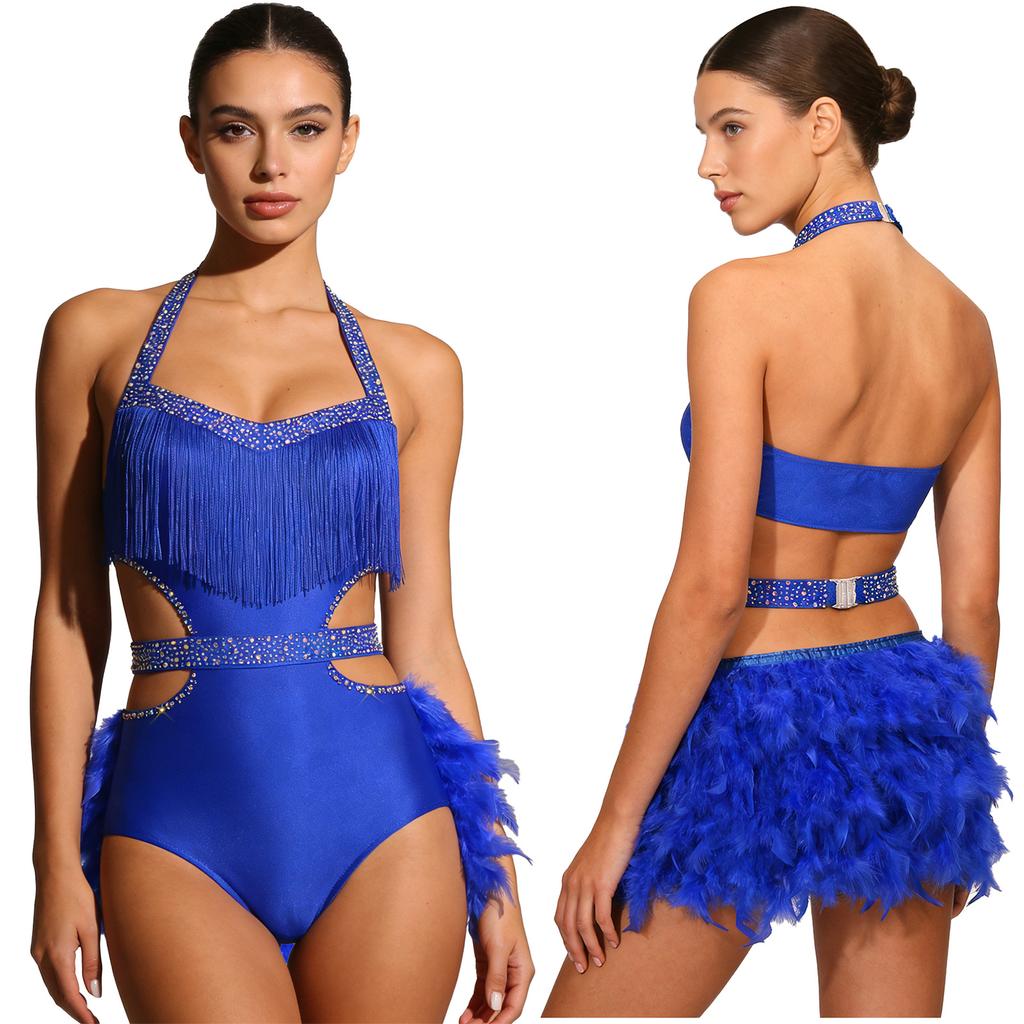 Damen Funkelnde Strass Tanz Bodysuit Kunstfeder Akzente Neckholder Rückenfrei Ärmellos Leotard Latein Kostüm