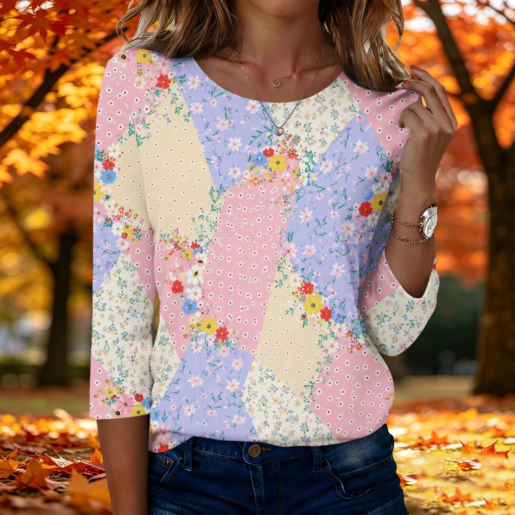 Women's Fashion Casual Three-Quarter Sleeve Floral Print Round Neck Top