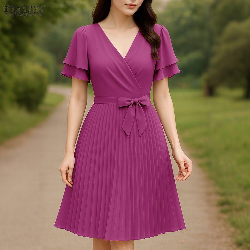 ZANZEA Women Casual V-Neck Summer Short Sleeve Pleated Dress