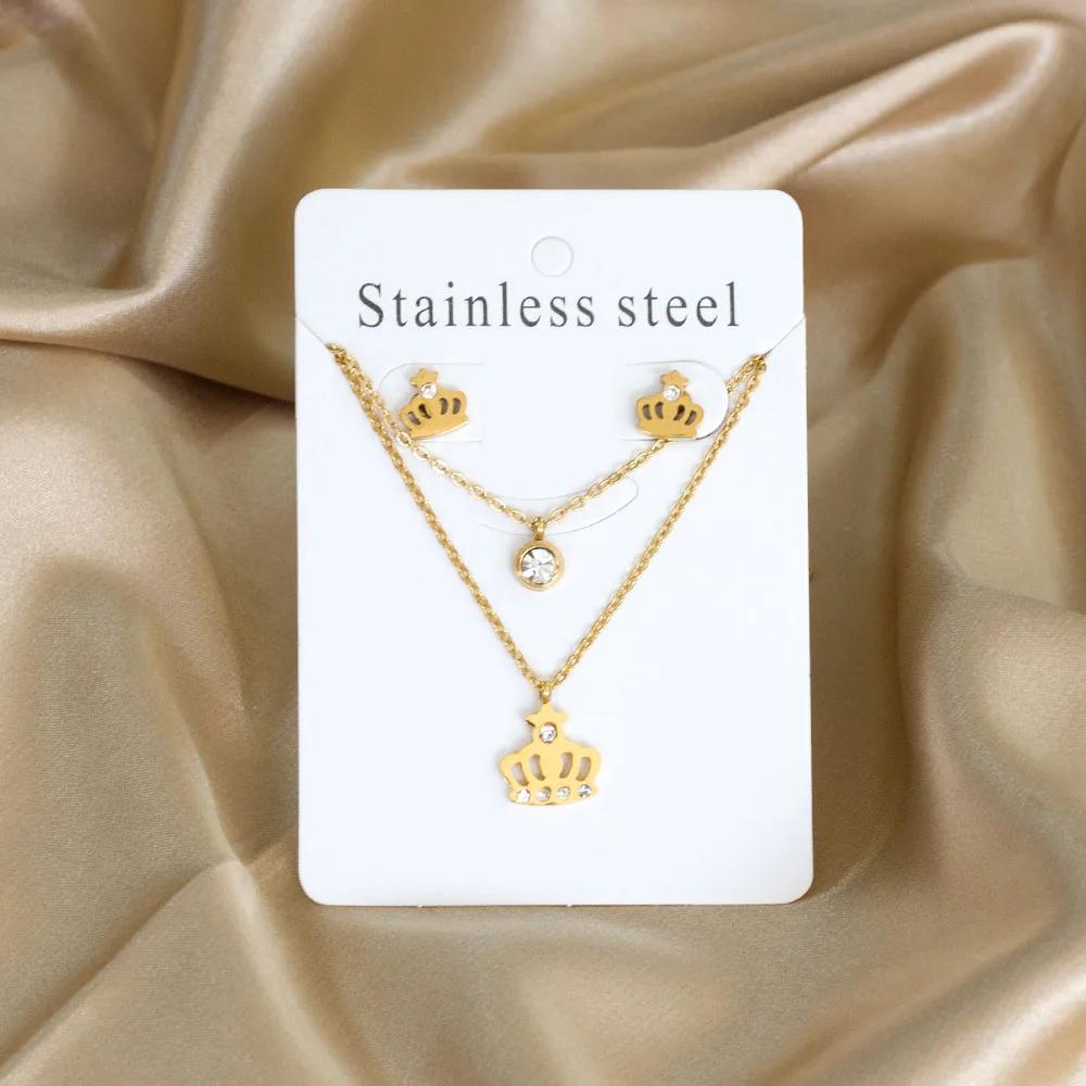 Double Chains Necklace And Earrings Zircon Sets Female Wedding Party Cubic Zirconia 316L Stainless Steel Pendant Zircon Gifts