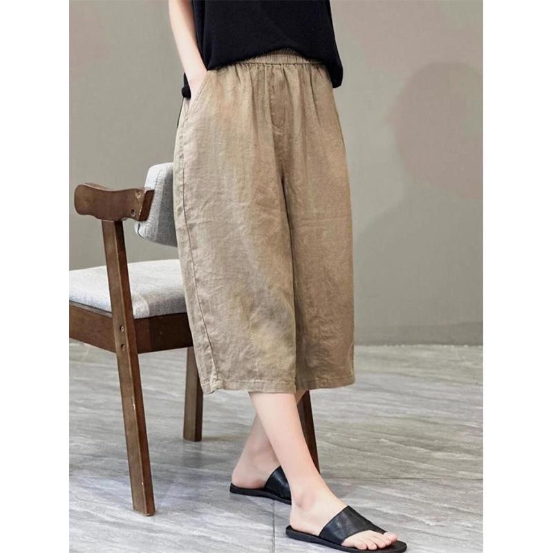 Women's Elastic High Waist Cotton Linen Wide Leg Cropped Pants Summer Straight Leg Casual Capris Trousers