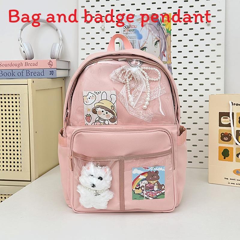 Backpack Simple Student With Transparent Compartments And Pendant Badges