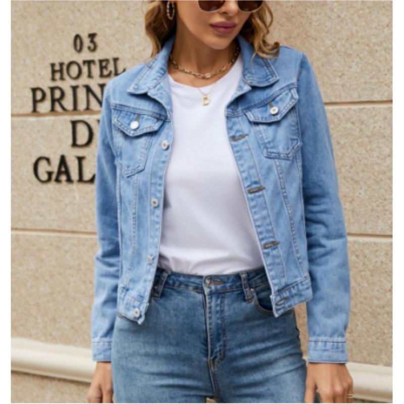 Damen Revers Taschen Einreihig Kurz Denim Jacke Einfarbig Personalisiert Street Jacke