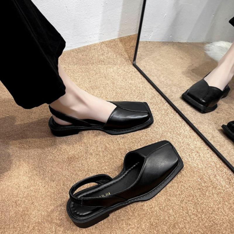 Womens Sandals Elastic Band Casual Sandals Summer BaoTou Square Toe Elegant Ladies Shoes New Flat Single Shoes for Women