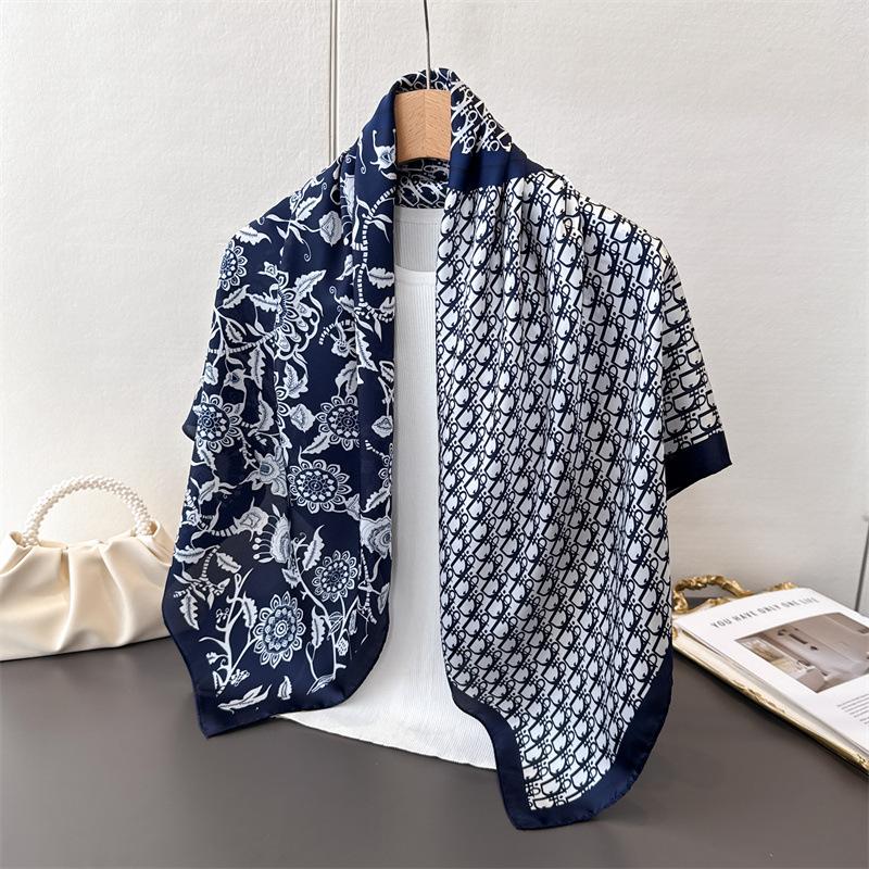 Korean Version Of Flower Simulation Silk High-End Printing Large Square Scarf Silk Scarf Shawl Headscarf Neck Protection Scarf Decorative Scarf