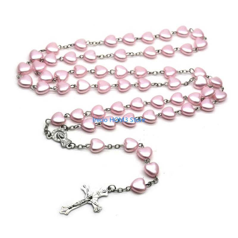 A5YD Catholic Rosary Necklaces Heart Bead Pendant Religious Jewelry Gift China Mainland