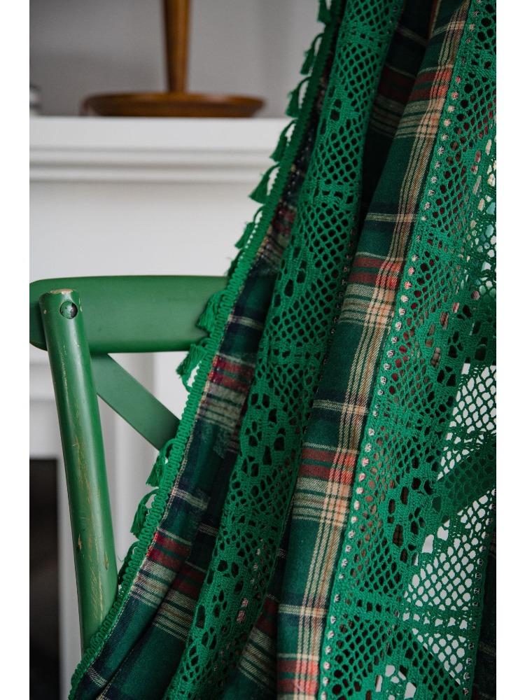 Green Lattice Splicing Dyed American Curtains Bay Window Curtains Semi-blackout for Living Room Bedroom Bay Window Dining Room or Kitchen Bar