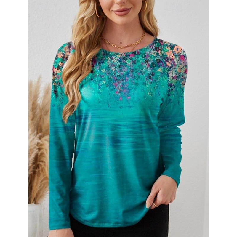 2025 Fashion Women's Floral Oil painting flowers O-Neck Long Sleeve T-Shirt Y2K Casual Tops Womens Clothing Harajuku Pullover