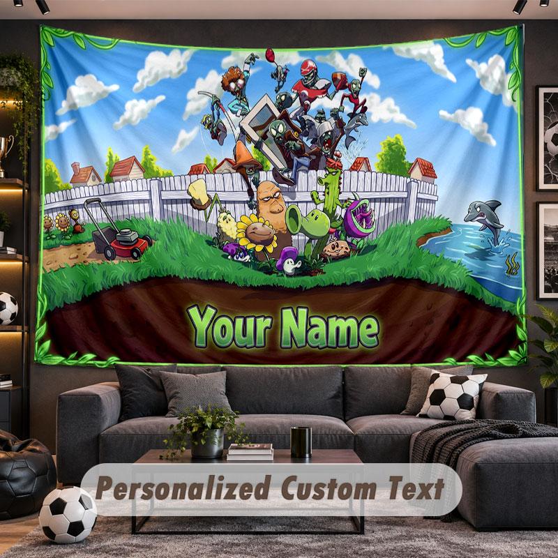 Wall Hanging Tapestry Custom NamePlants vs. Zombie Pattern Personalized Printed Fabric Wall Decor
