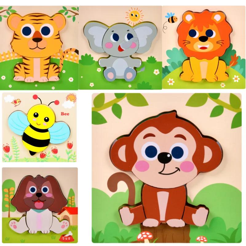 Dřevěné 3D puzzle hračky pro děti Kreslené zvířátko Kognitivní skládačka od 3 let Vzdělávací hračky pro rané učení pro děti