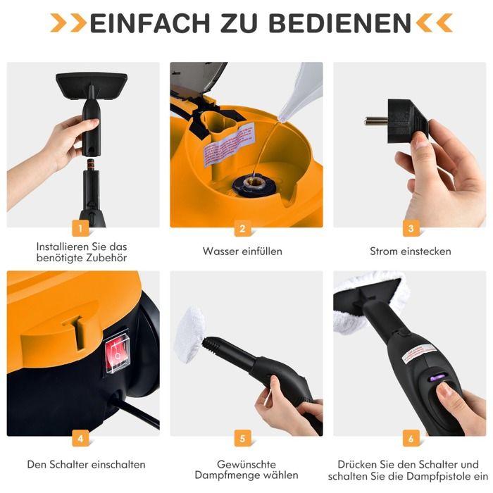 Steam Cleaner 2000W Tank 1, 5 L Pressure 4 Bar 19 Floor Accessories Home Office Car Cleaning Steam Orange