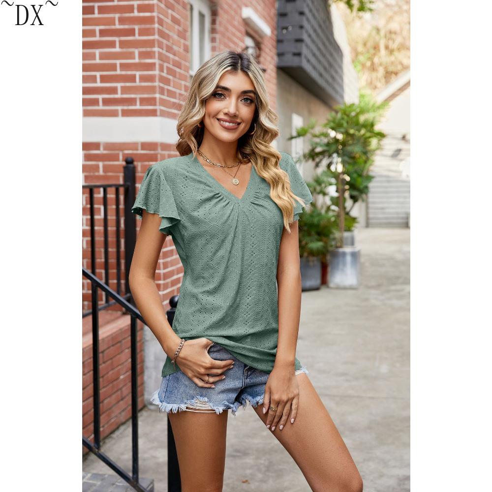 DX~~Summer New Solid Color Double Sleeve V-Neck Loose Short Sleeve T-shirt Top