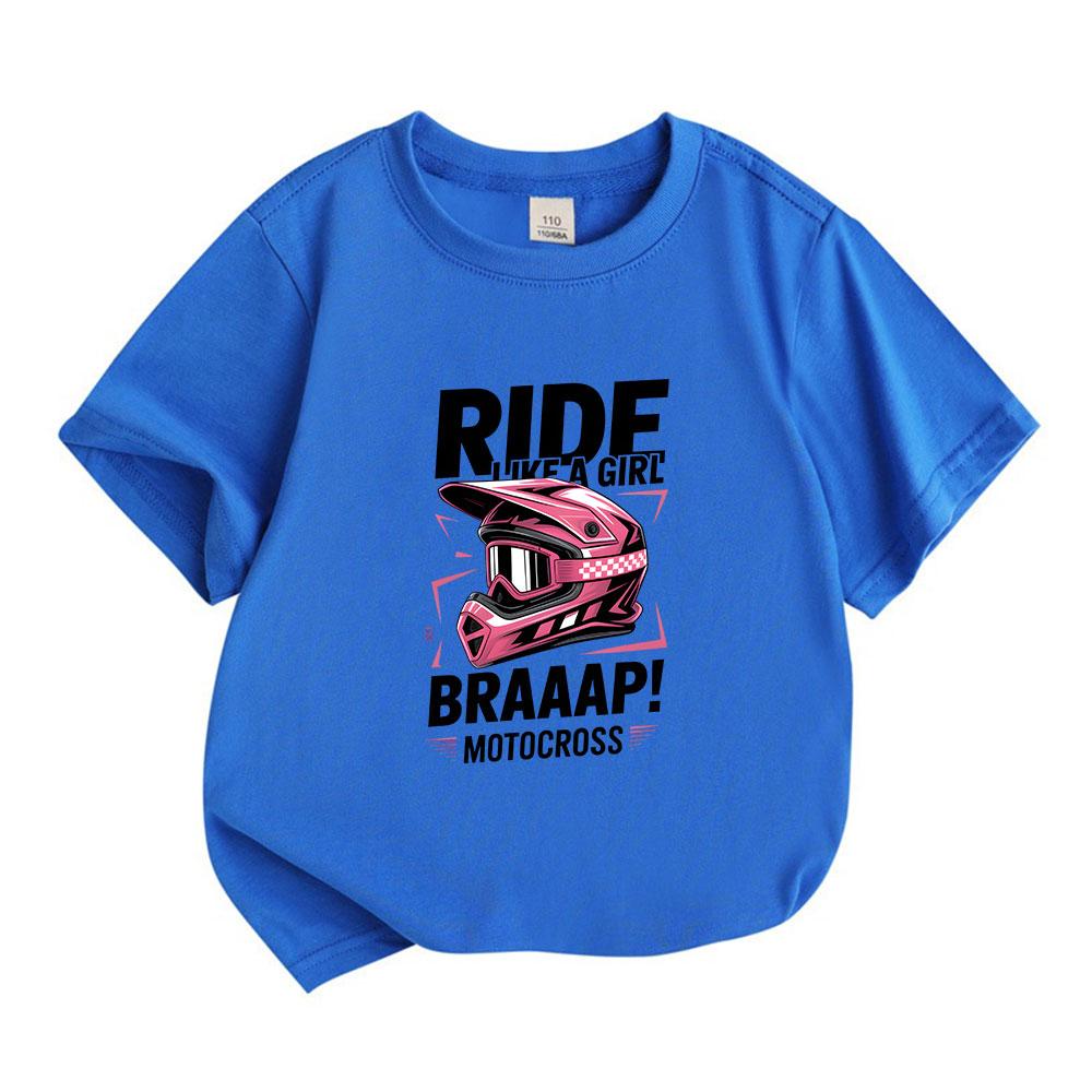Kids Boys Girls 100% Cotton Crew Neck Short Sleeve T-Shirt, Funny Ride Like A Girl Braaap Motocross Dirt Bike Graphic Casual Tee Top For Youth