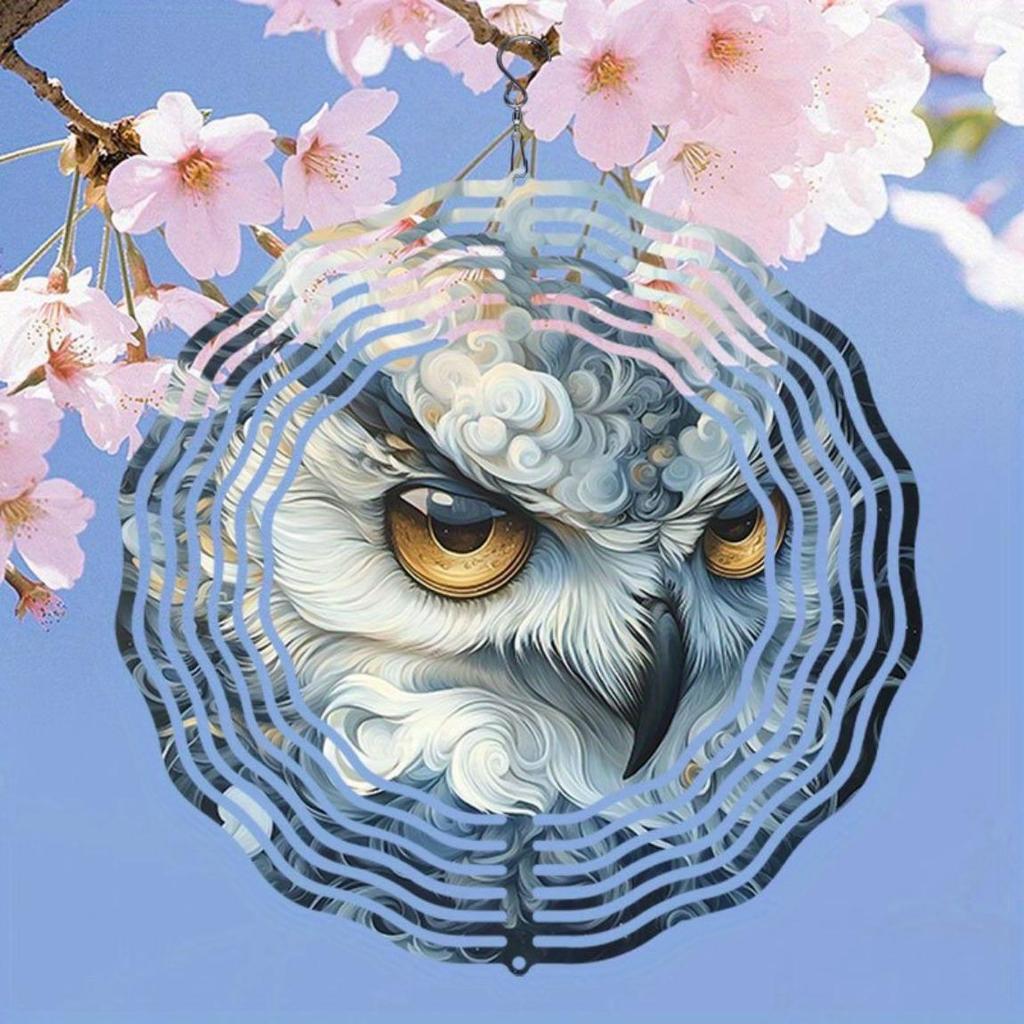 Klassisches Fantasy Eule Metall Windspiel Blau Weiß Kinetische Hängedekoration für Außen Garten Terrasse Weihnachten Thanksgiving Geschenk Kein Strom erforderlich