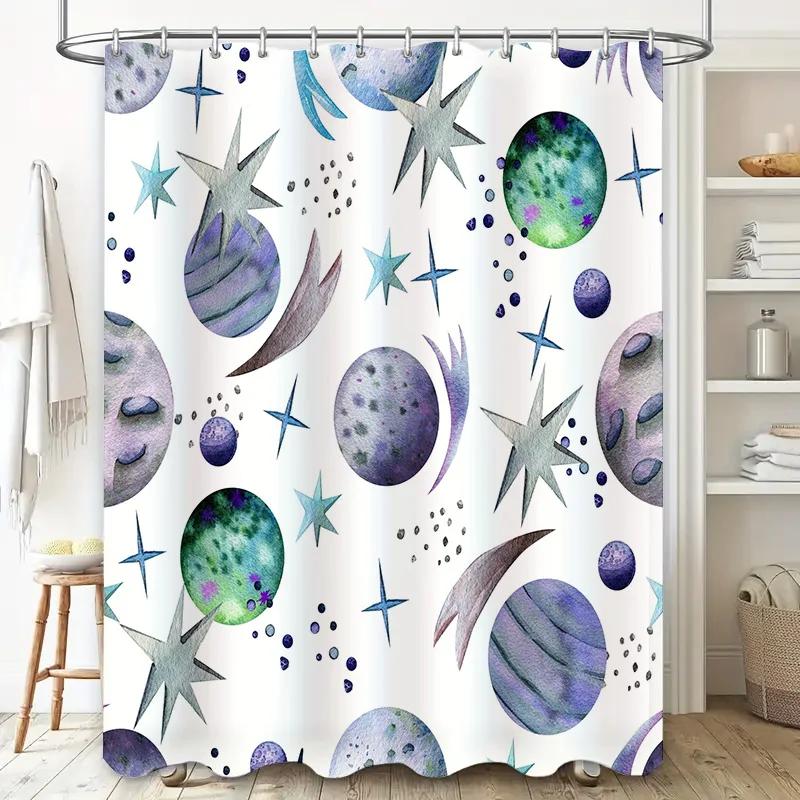 Starry Night Space Shower Curtain Fabric for Bathroom Decor Waterproof Home Decoration Blue Green Purple Stars Planets Moon Hand