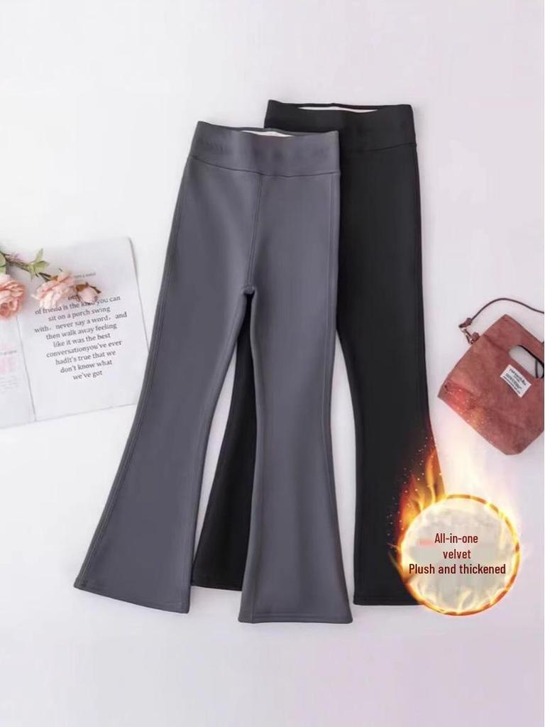 Girls' Fleece-Lined Shark Pants - High-Waisted, Slim-Fit, Flared Yoga Leggings for Autumn/Winter