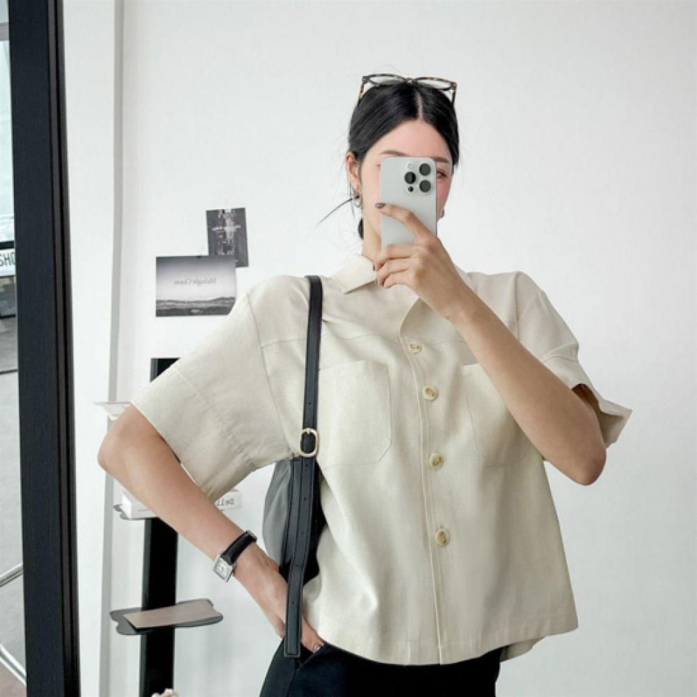 New Arrivals Open Run Women Puff Sleeve Short Sleeve Linen Back Split Shirt