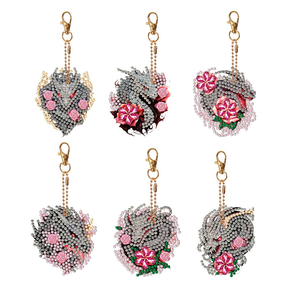 5/6/7PCS Rhinestone Painting Keychain Pendant Diamond Art Keyring Rose Grey Dragon Cute Kitten Envelope Flowers Mandala